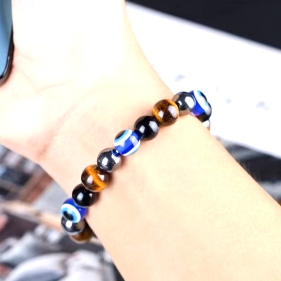 Hematite UNISEX Tiger Eye Evil Eye Stone Combination Triple Protection Bracelet - Picture 7 of 8